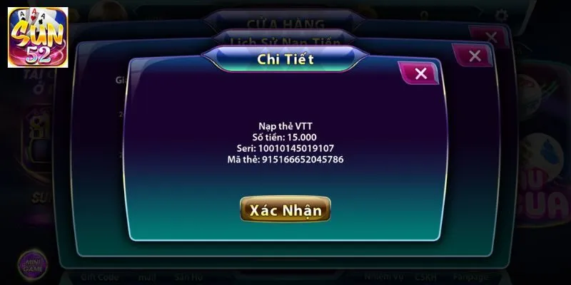Nạp tiền SUN52 qua thẻ cào điện thoại